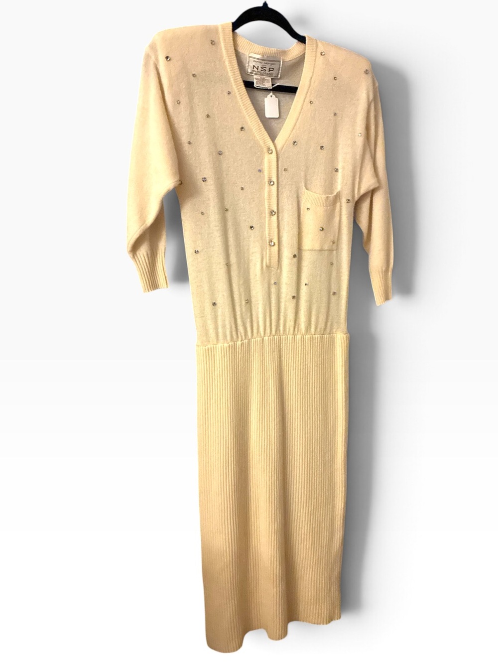 Vintage Donna Morgan rhinestone knit maxi dress. V-neck drop waist, wool. Sz 3/4